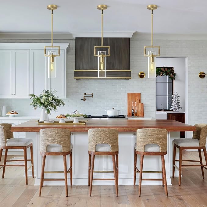 Brass Pendant Lights Kitchen Island, Modern Gold Pendant Lights,12Inch Glass Knurled Kitchen Pendant Lighting Over Island,Farmhouse Island Lights For Kitchen Sink,Bathroom,Bedroom,Included E26 Bulbs