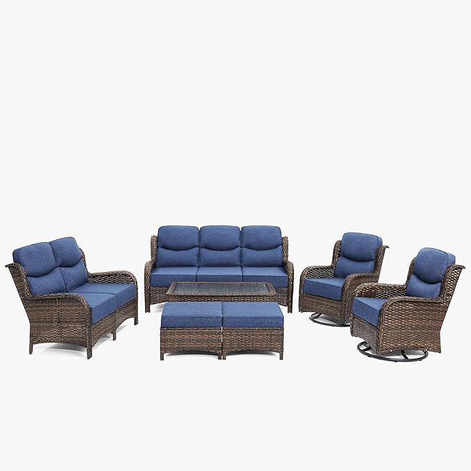 HILLGA Luxury High Back Patio Furniture Set with 6-Inch Thick Cushion, 7-Piece Outdoor Conversation Set with Sofa, Swivel Rocker Chairs & Ottomans, Ideal for Porch Pool Deck Yard (Blue)