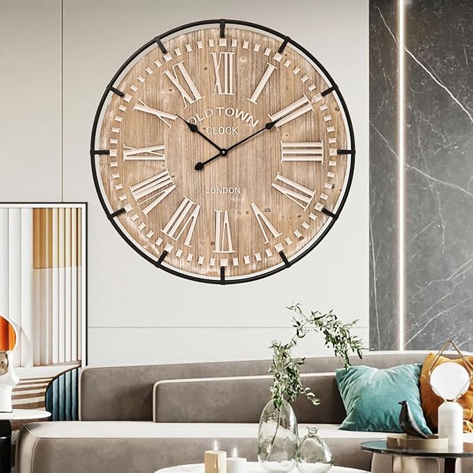 Large Wall Clock –30 Inch Farmhouse Clock -Extra Large 30 Inch Wood and Metal Wall Clock, Silent and Battery Operated for Living Room, Kitchen and Office Decor