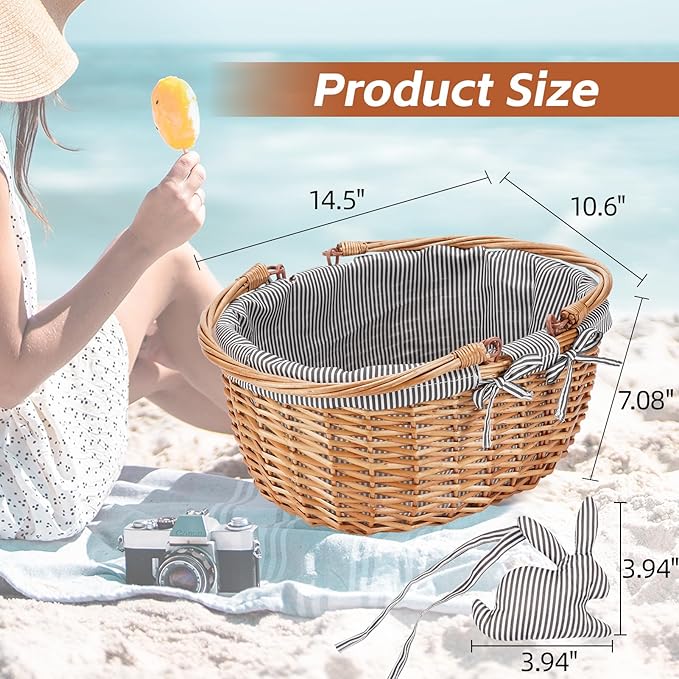 G GOOD GAIN Oval Picnic Basket with Folding Handles, Willow Hand Woven Shopping Basket, Bath Toy Kids Toy Storage Gift Packing Basket, Wicker Empty Easter Eggs and Candy Small Gift Basket. Grey