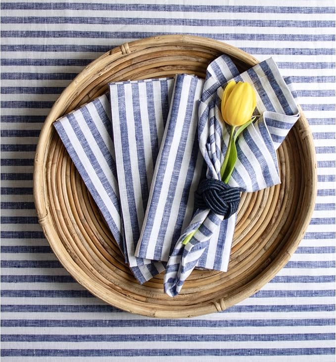 Solino Home Linen Napkins Set of 4-100% Pure Linen Amalfi Stripe Navy and White Cloth Dinner Napkins 20 x 20 Inch for Fall, Autumn, Thanksgiving, Christmas - Handcrafted and Machine Washable