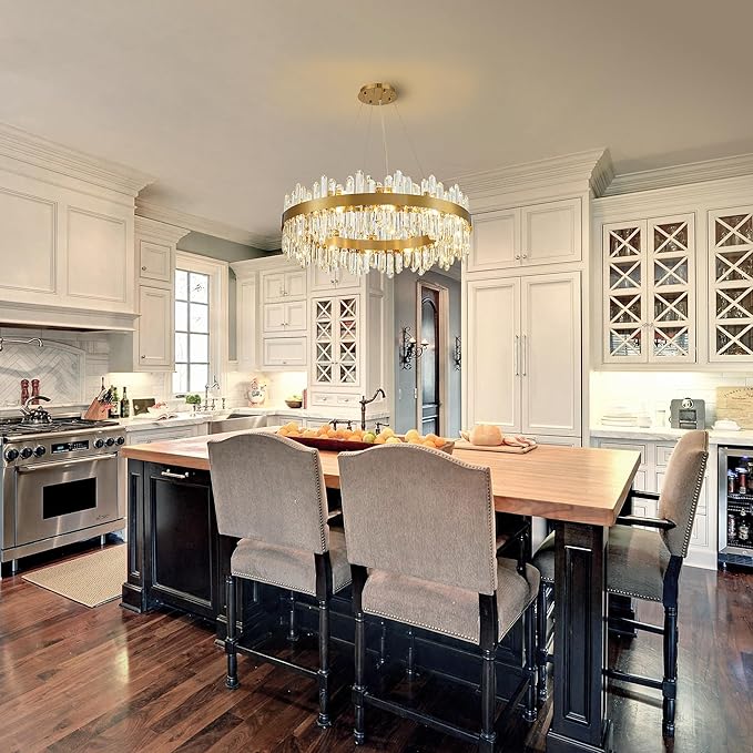 Gold Modern Crystal Chandelier, Round K9 Crystal Chandelier for Dining Room, Adjustable Height Pendant Light Fixture for Living Room Bedroom Kitchen Island D30