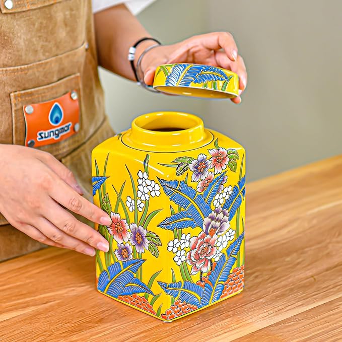 Sungmor Decorative Ceramic Ginger Jar with Lid, Square Ceramic Storage Jar Tea Canister, 8.2" Hand Painted Floral Pattern Porcelain Vase for Table Centerpiece, Yellow Glazed Ginger Jar for Home Decor