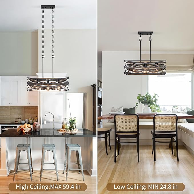 21''Farmhouse Dining Room Light Fixture,3-Light Kitchen Island Lighting,Industrial Chandelier for Dining Room Over Table Kitchen Bar,Linear Chandelier with Retro Wood Texture Interior