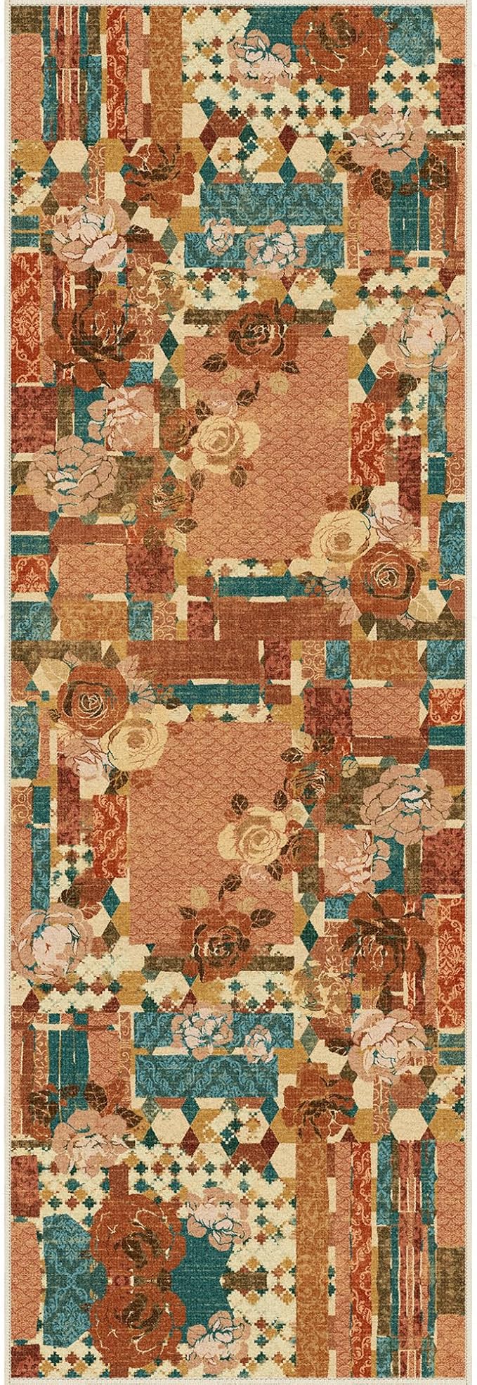 GENIMO Floral Runner Rug 2'6''x8, Machine Washable Non Slip Vintage Patchwork Hallway Runner, Ultra-Thin Low Pile Runners for Indoor Entryway, Hallway, Kitchen and Corridor,Rose Red