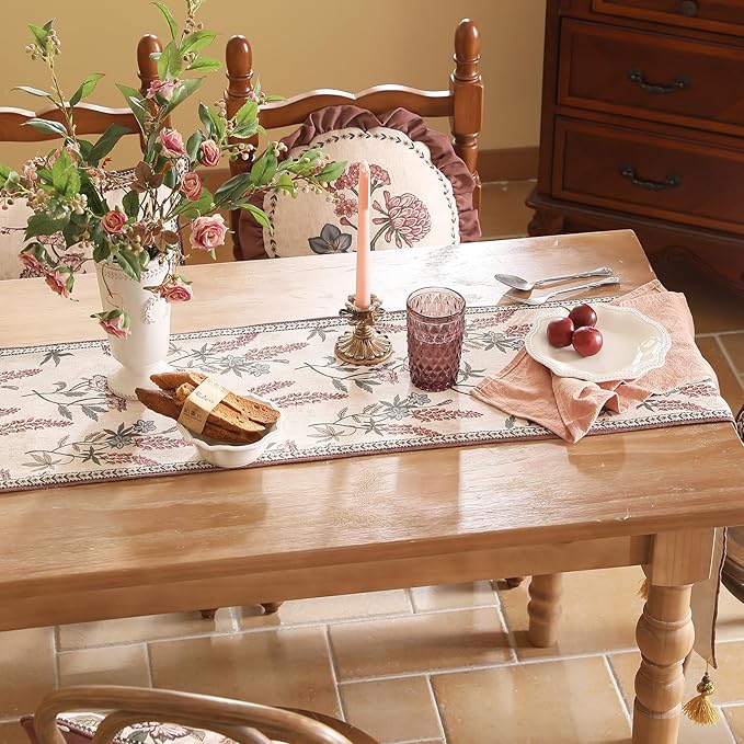 Designer Light Beige Linen Extra Long Table Runner 118 Inches,Vintage Floral Wrinkle Resistant Table Runners for Dining Tables,Christmas,Thanksgiving,Kitchen Tables,12"*118"-Helena A