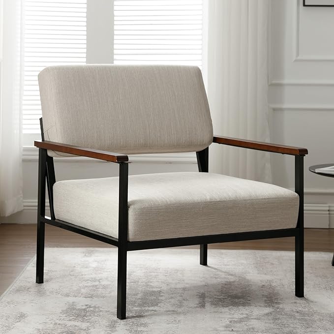 Set of 2 Mid Century Modern Accent Chair Arm Chairs, Comfy Armchair Linen Upholstered with Black Metal, Beige
