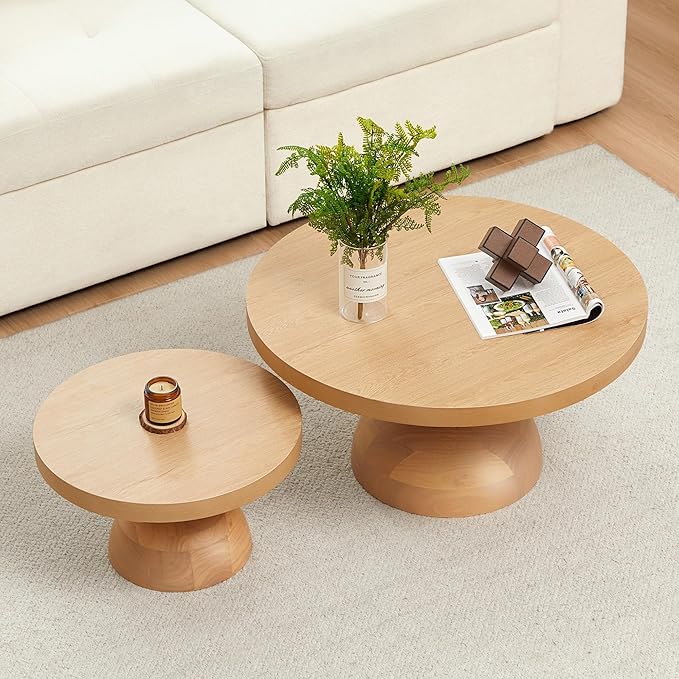 Solid Wood Round Nesting Coffee Table Set of 2, Circle Accent Tables with Unique Semi-Circular Legs, Mid Century Modern Side End Table Set for Small Space Living Room Office (Natural Oak)