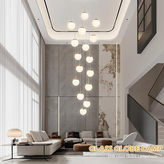KoKo&Yukina 16-Light Gold Mid Century Modern Chandelier for Living Room Staircase Chandelier for Entryway Globe Milky White Glass Pendant Light High Ceiling Chandeliers Foyer (Bulb & Remote Incl.)