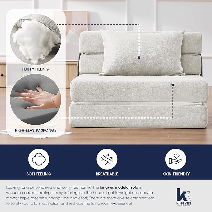 KINGYES 4 in 1 Foldable Sofa Bed, Modern Folding Sleep Chair with Back Cushion, Convertible Chair Sleeper, Beige