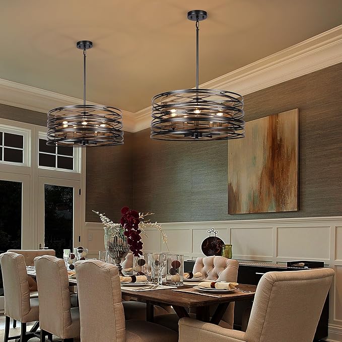 5-Light Drum Chandelier for Dining Room，19.7" Rustic Farmhouse Dining Room Light Fixture，Wood Grain and Vintage Black Metal Chandeliers for Kitchen Entryway Living Room