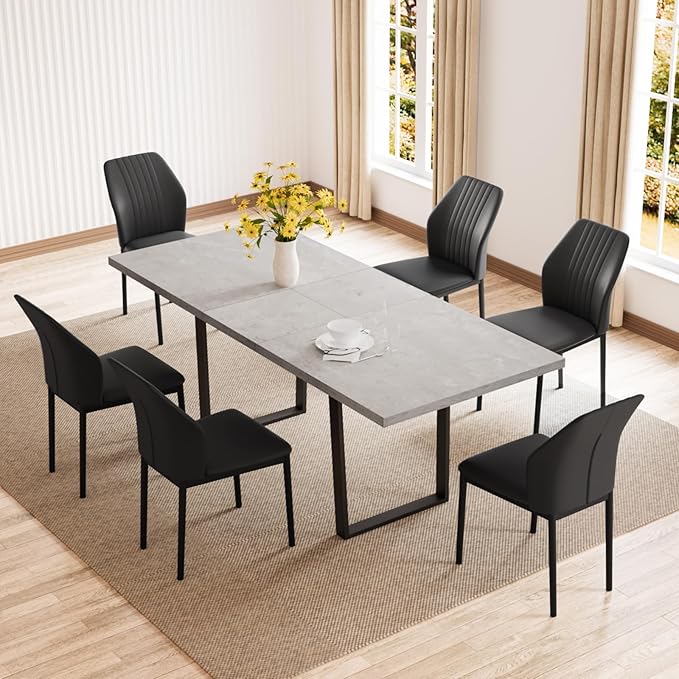 ZckyCine Modern Mid-Century Dining Table Set for 6-8 People Kitchen Dining Room Table Set Extendable Wood Dining Table and 6 Upholstered Chairs, Home Kitchen Furniture