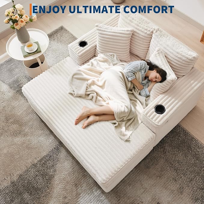 GarveeHome Oversized Chaise Lounge Chair Indoor, Comfy Corduroy Lounge Sofa with Charging Station, Cup Holders & Throw Pillows, Cozy Sleeper Couch for Living Room Apartments, Beige