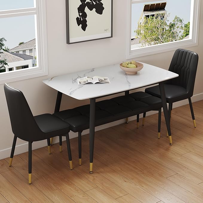 White Marble Dining Table Set for 4 with Chairs and Bench Modern Kitchen Table 2 Upholstered Chairs and Bench 4 Pcs Dining Table Set for Small Space Apartment