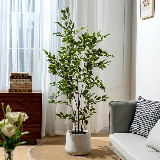 Artificial Ficus Tree Indoor 5ft, Large Potted Faux Tree with Realistic Silk Leaves & Trunk for Home Office, Living Room Corner Decor