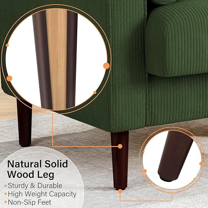 UIXE Accent Chairs Set of 2, Corduroy Fabric Upholstered Armchair Mid-Century Modern Arm Chair for Living Room, Comfy Single Sofa Bedroom Side Reading Seat - Green