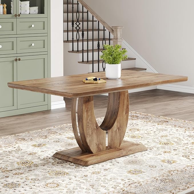 Wooden Dining Table, 63” Rectangular Kitchen Table with Modern Pedestal Base, Rustic Wood Finish, 30” Tall Dining Room Table for Family, Living Room, Restaurant