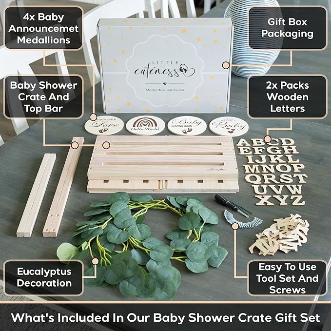 Wooden Baby Shower Crate Closet - Customizable Wooden Crate Box with Dual Rod System, Personalized Baby Shower Basket Alphabet Letters, Easy Assembly Baby Baskets for Baby Shower (Natural Wood)