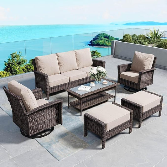 6 Piece Patio Furniture Set with Swivel Chairs, High Back Wicker Rattan Sofa with Extra Thick Cushion, Coffee Table and Ottoman, Outdoor Conversation Set for Backyard Deck,Beige