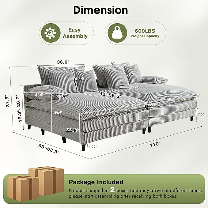 110" W Oversized Double Chaise Lounge Sofa Couch, Corduroy Sleeper Sofa Bed with Adjustable Backrest, Modern Upholstered Cloud Couch with Deep Seat & Pillows for Living Room, Grey