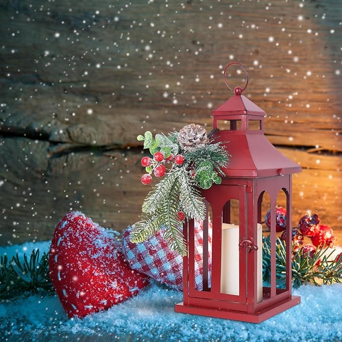 DECORKEY Christmas Decorations for Home, Decorative Christmas Lantern Indoor Outdoor Decor, Metal Hanging Candle Holder with Xmas Teardrop Wreath and LED Candle for Table Centerpieces, Patio (Red)