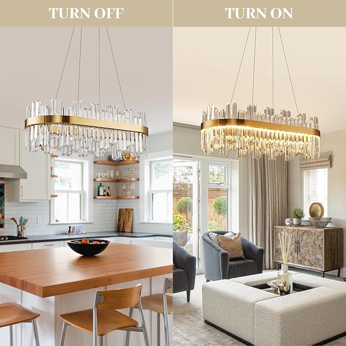 39.3" Dimmable Rectangle LED Crystal Chandeliers,Gold Chandelier Light, 3 Colors Contemporary Pendant Ceiling Light for Dining Room Living Room Kitchen Island Entryway Foyer,with Remote Control