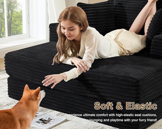 62" Oversized Chaise Lounge Chair Indoor, Fluffy Corduroy Upholstered Boneless Couch, Convertible Sleeper Sofa Bed & Reading Chair, Cloud Sofa Couches for Living Room, No Assembly, Black