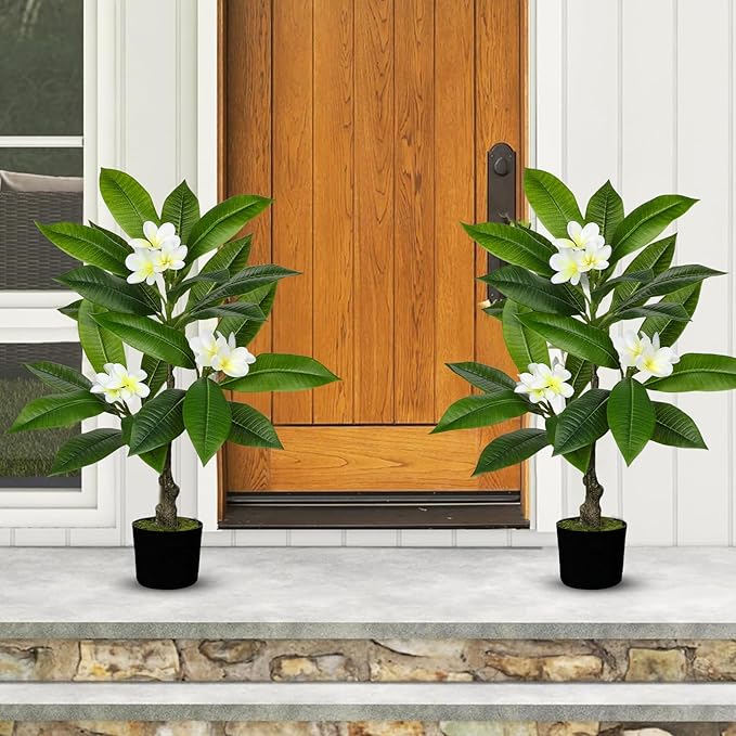 Briful Artificial Plants Indoor 26.77'' Fake Tropical Plumeria Flowers Tree Plants in Black Pot Hawaiian White Plumeria Rubra Faux Frangipani Tree Floor Plant for Home Office Wedding Decor