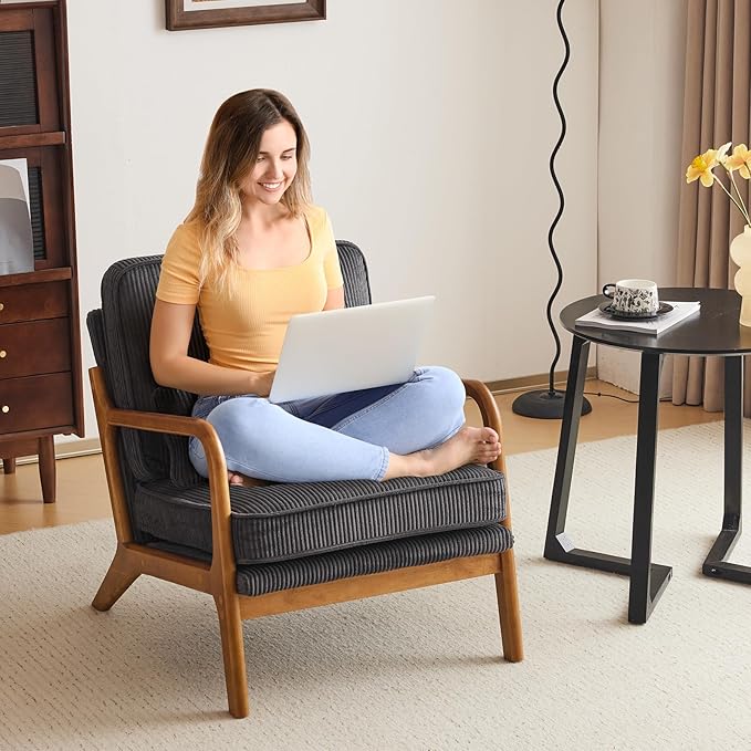 Karl home Mid-Century Modern Accent Chair, Living Room Chairs with Pillow Corduroy Upholstered Lounge Armchair with Solid Wood Frame & Soft Cushion for Bedroom, Reading Room, Dark Gray