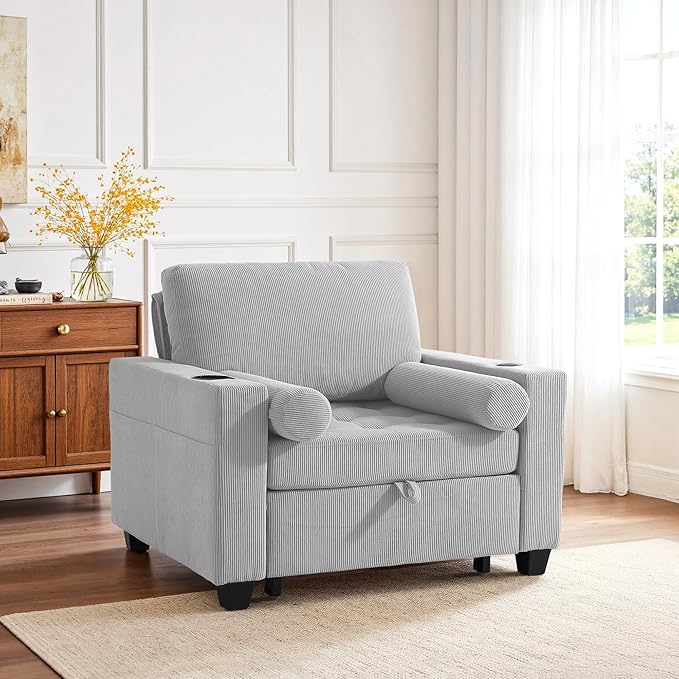 UIXE 3-in-1 Sleeper Chair Pull Out Sofa Bed, Convertible Reclining Seat Upholstered Armchair, Adjustable Backrest Recliner Chair with Side Pockets, Cup Holder & USB Ports - Light Gray