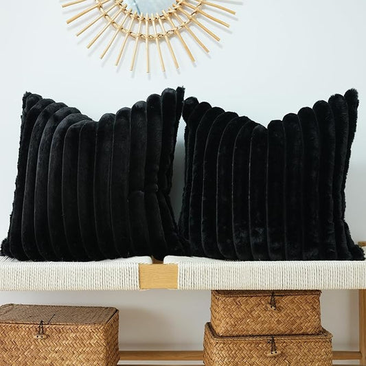 JOJUSIS Pack of 2 Faux Fur Plush Decorative Throw Pillow Covers Couch Cushion Case Soft Pillowcases (Black, 18 x 18-Inch)