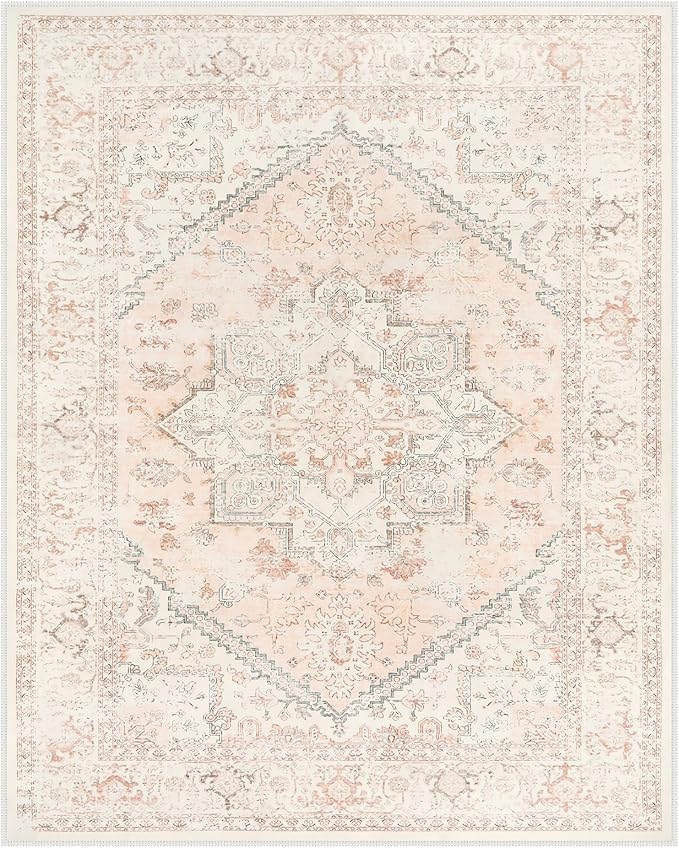 LIVEBOX Pink 10x14 Area Rug, Extra Large Vintage Area Rugs for Living Room Boho Soft Low Pile Non Slip Rug, Retro Non Shedding Indoor Carpet for Bedroom Dining Room Under Table