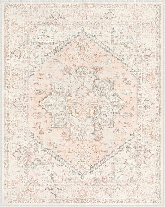 LIVEBOX Pink 10x14 Area Rug, Extra Large Vintage Area Rugs for Living Room Boho Soft Low Pile Non Slip Rug, Retro Non Shedding Indoor Carpet for Bedroom Dining Room Under Table