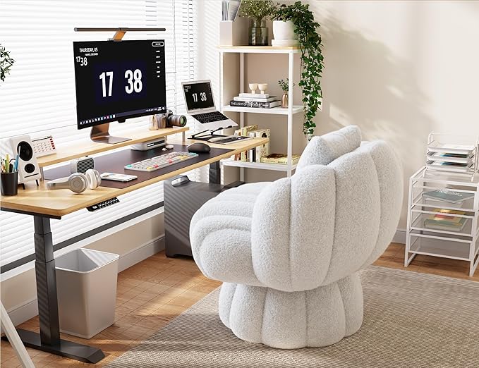 Mid Century Modern 360 Degree Barrel Swivel Accent Vanity Chair,Fluffy Sherpa Fabric Lounge Wide Upholstered Pumpkin Reading Chair, Round Cloud Armchair for Living Room,Bedroom,Vanity(Beige)