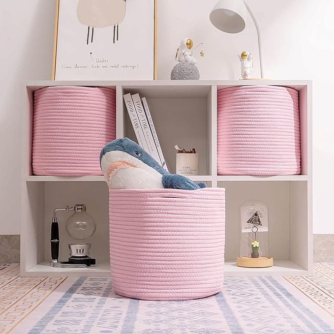 voten Storage Cubes Baskets Bins Organizer 11x11x11'' Fit 12x12''Cube Storage Organizer Bookcases Shelf,Durable Woven Cotton Storage Basket for Organizing,Round 3Pack Pink