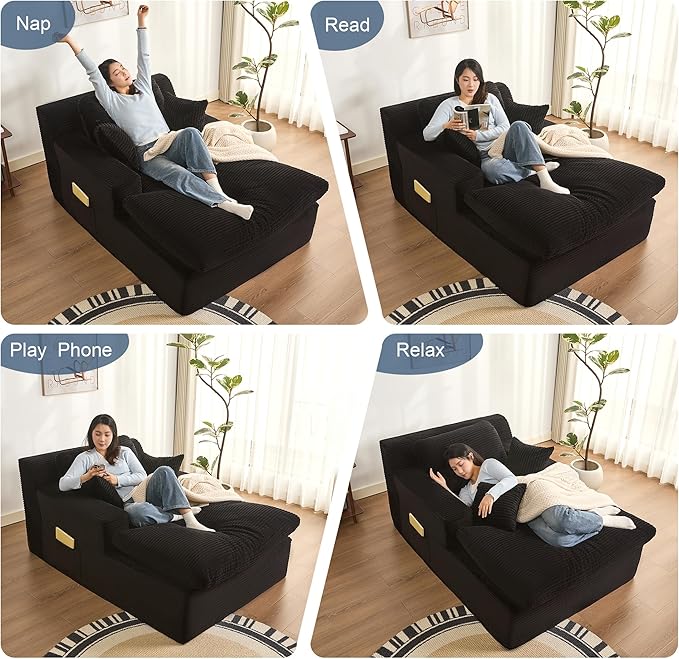 63" Oversized Chaise Lounge Chair Indoor, Extra Cloud Layer, Convertible Sleeper Sofa Couch with Removable Pillows & Side Pockets, Corduroy Upholstered Sofa Bed with Armrests for Living Room, Black