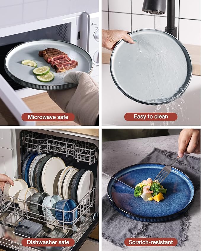 Famiware Star Dinnerware Set, Plates and Bowls Sets for 8 (24pcs), Ribbed Stoneware Dishes - Chip & Scratch Resistant, Microwave & Dishwasher Safe, Multicolor - Cappuccino White & Smoky Blue