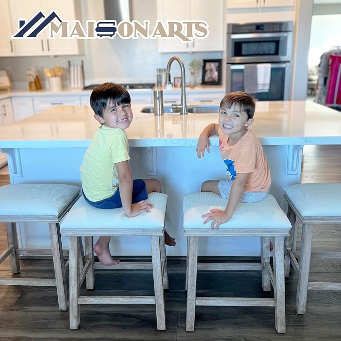 MAISON ARTS Off White Counter Height 24 inch Bar Stools Set of 2 for Kitchen Counter Solid Wood Legs with Faux Leather Padded Seat Farmhouse Barstools for 34"-38" Counter Island Upholstered Stools