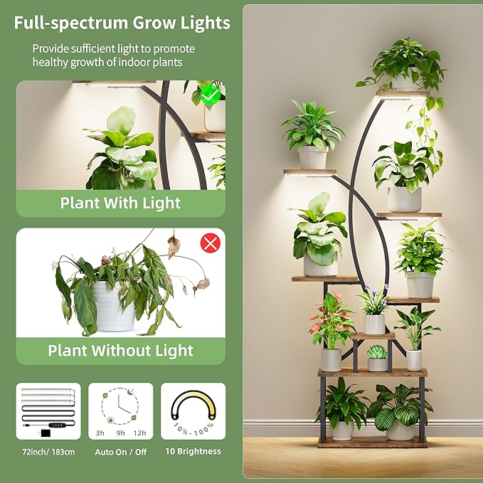 JUSTOGO Plant Stand Indoor with Grow Light, 8 Tiered Tall Plant Shelf for Indoor Plants Multiple, 65" Large Corner Plant Stands, Metal Curved Flower Holder Display Rack for Living Room, Patio, Balcony