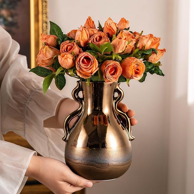 Gold Ceramic Vase with Handles, Brown Rustic Farmhouse Vintage Flower Vases Home Decor, Modern Amber Brown Tall Centerpiece Floral Small Vase for Living Room, Bedroom, Office Metal Glaze Finish 7.3 In