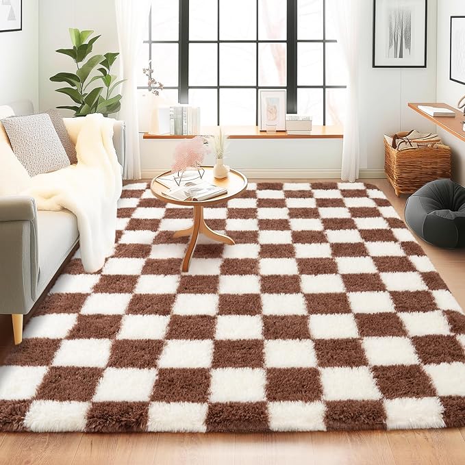 Checkered Rugs for Bedroom, Ultra Fluffy Fuzzy Shag Area Rug for Living Room 5x7, Modern Plush Soft Upgrade Non-Slip Carpet for Kid Girls and Boys Room Dorm Nursery Home Decor, Cream and Coffee