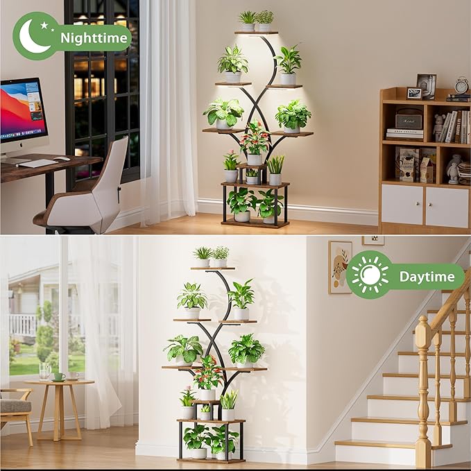 CODACE Plant Stand Indoor with Grow Lights - 62" Tall Plant Shelf Indoor, Lighted Corner Plant Stands for Indoor Plants, 8 Tiered Flower Spike-Shaped Rack for Living Room, Patio, Balcony Decor（Black