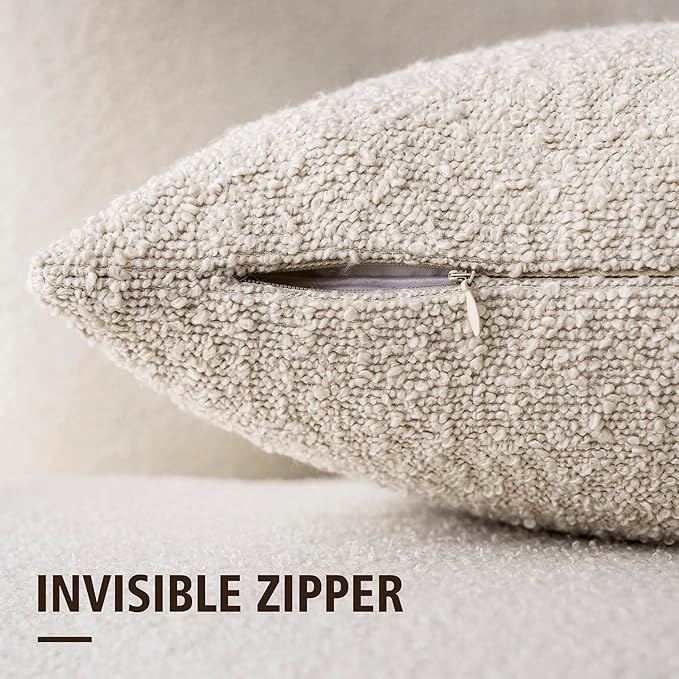 Foindtower Set of 2, Decorative Textured Boucle Throw Pillow Covers Accent Solid Pillow Cases Neutral Cozy Couch Cushion Case for Chair Sofa Bedroom Living Room Home Decor 24 x 24 Inch Ivory Beige