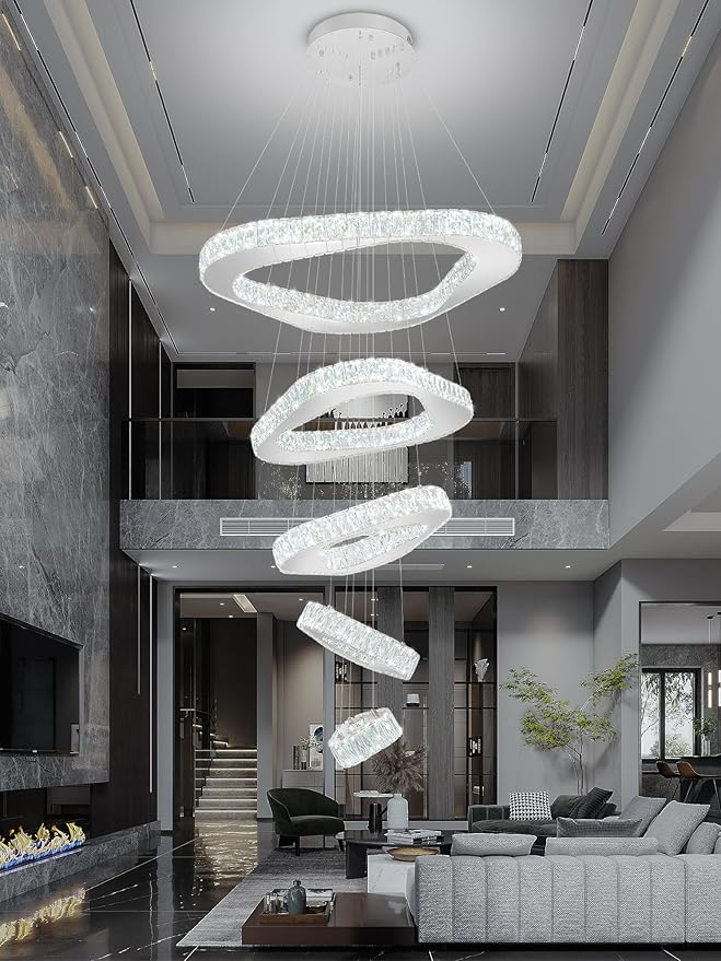 Large Modern Chandelier 5 Ring Chandeliers for High Ceiling Dimmable Chrom Chandeliers High Ceiling Foyer Chandelier for Living Room Dining Room Staircase