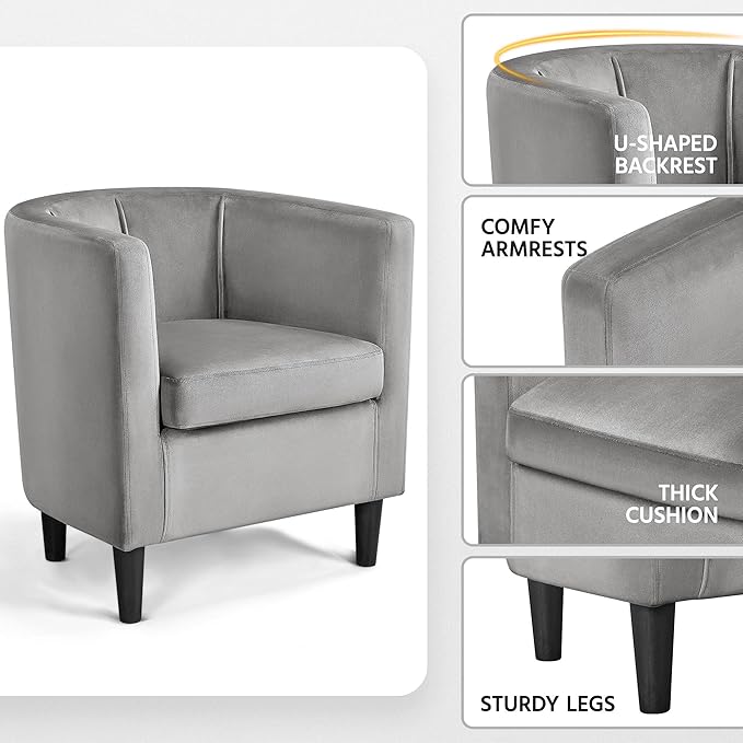 Yaheetech Accent Chair, Modern Velvet Armchairs with Big Ample Seat, Half Rounded Back, Cozy Upholstered Barrel Sofa Chair for Living Room Bedroom Waiting Room, Gray