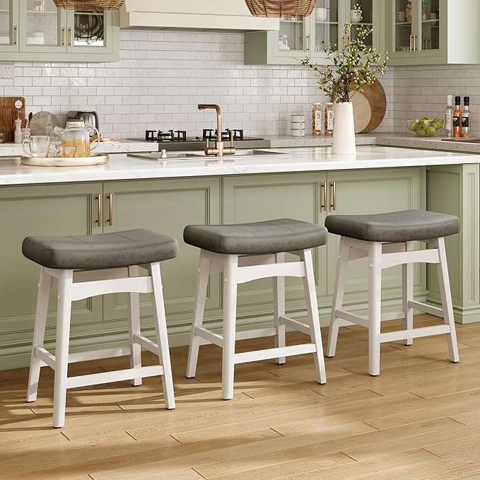 MAISON ARTS White Counter Height Bar Stools for Kitchen Counter Solid Wood Legs with Faux Leather Saddle Seat Farmhouse Barstools for 34"-38" Counter Island Upholstered Stools, 24in Height