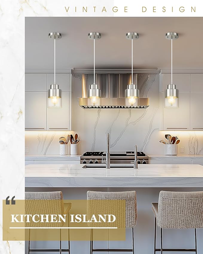 2-Pack Pendant Lights Kitchen Island, Brushed Nickel Dual Shade Hanging Lights Fixtures with Metal and Clear Glass, Kitchen Pendant Lighting Over Island for Dining Room, AD-24022-1P2-SN