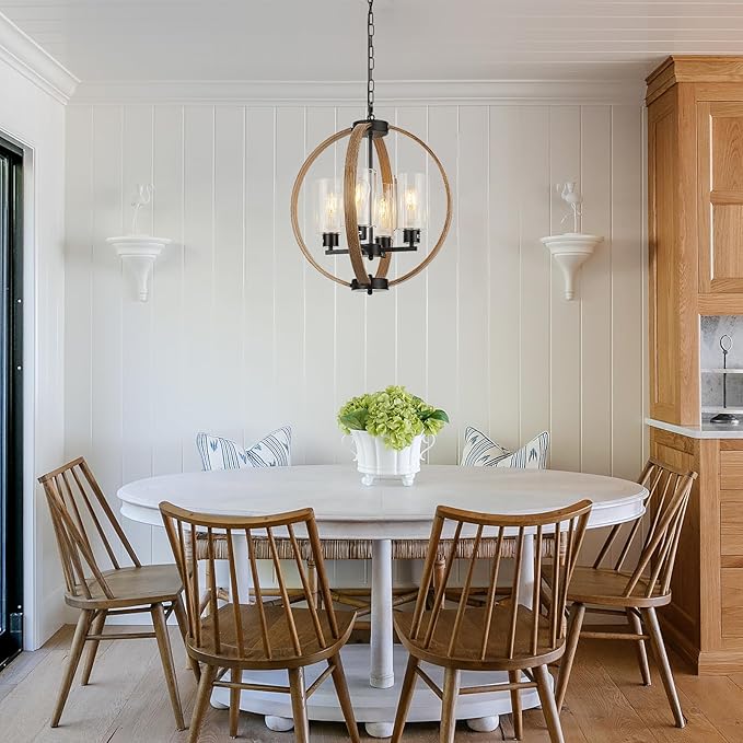 Farmhouse Chandelier Light Fixture, 18in Rustic Dining Room Chandeliers with Glass Shade 4-Light Globe Lighting Fixtures Retro Pendant Lamp for Kitchen Island Entrance Living Room