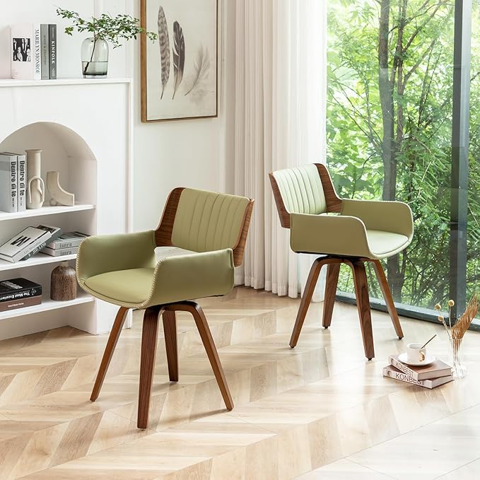 LUNLING Mid Century Modern Dining Chairs Set of 2,Swivel Accent Faux Leather Desk Chairs, with Wooden Legs/Armrest/Upholstered Seat/Adjustable Foots for Kitchen Dining Room Desk Chairs(Green)
