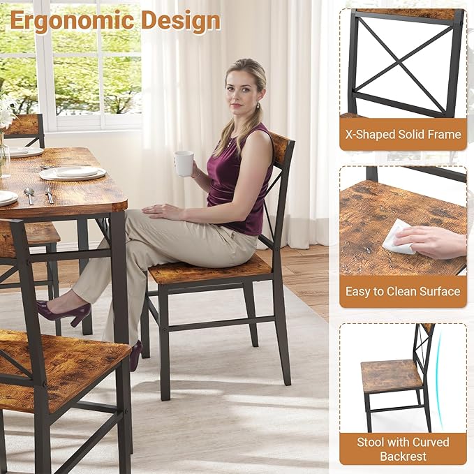 Dining Table Set for 4, 5-Piece Dining Table Set, Kitchen Table Chairs Set of 4, Rectangular Kitchen Table Set with 4 Curved Backrest Chairs, for Small Spaces & Apartment-Brown